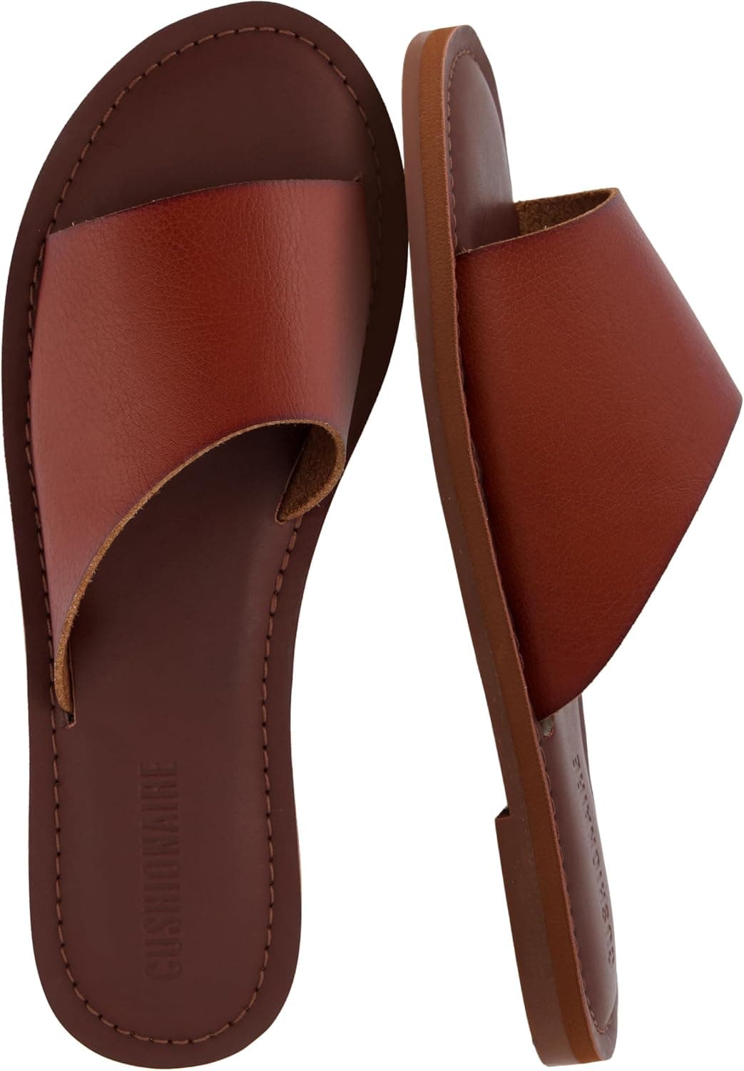 Cognac leather-look slide sandals