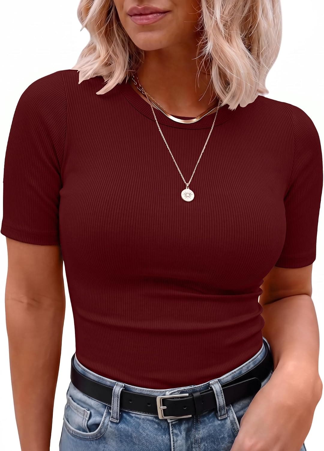 Wine-red plus-size ribbed short-sleeve top