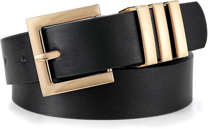 XZQTIVE black plus-size leather belt with square gold buckle