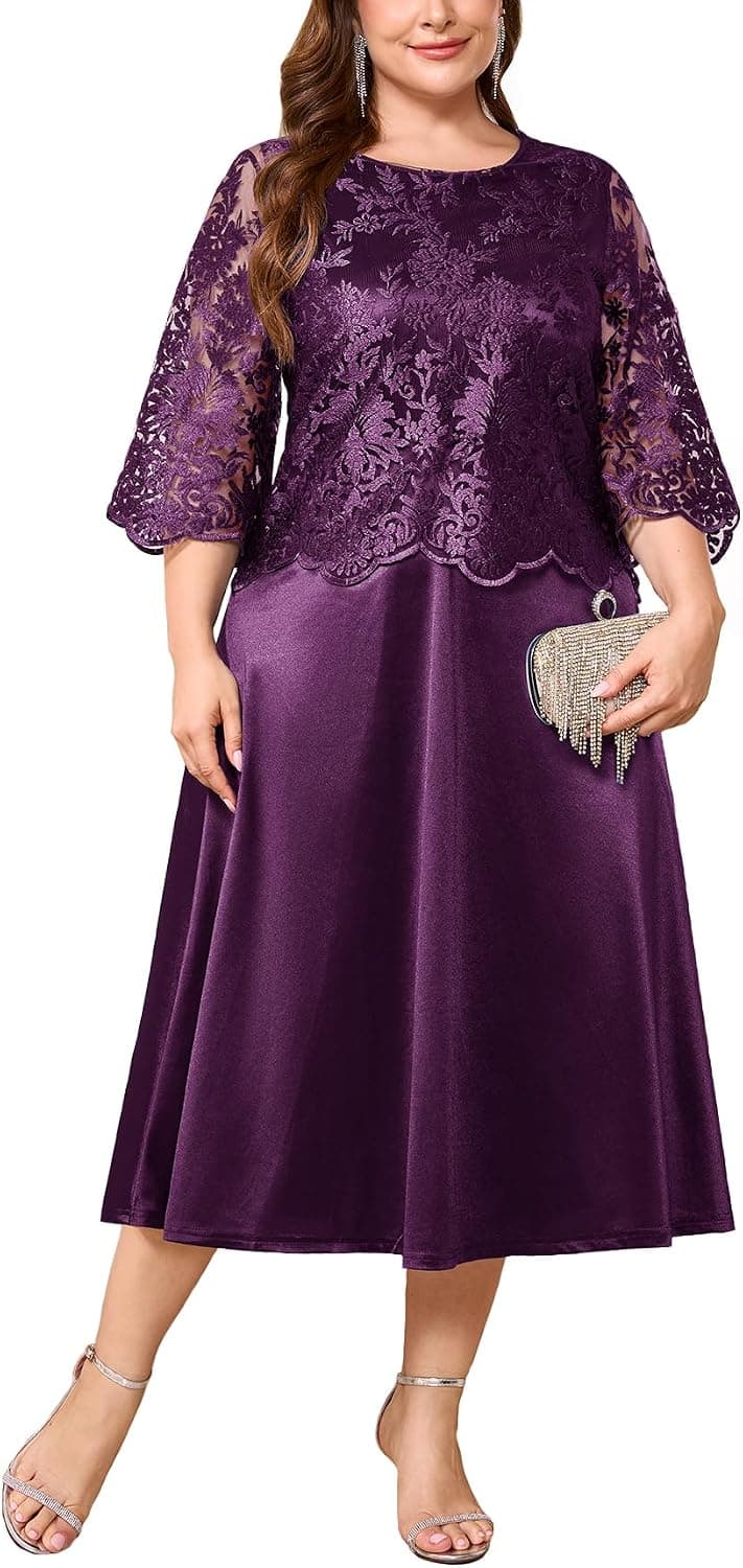 Dark-purple plus-size satin-and-lace midi dress