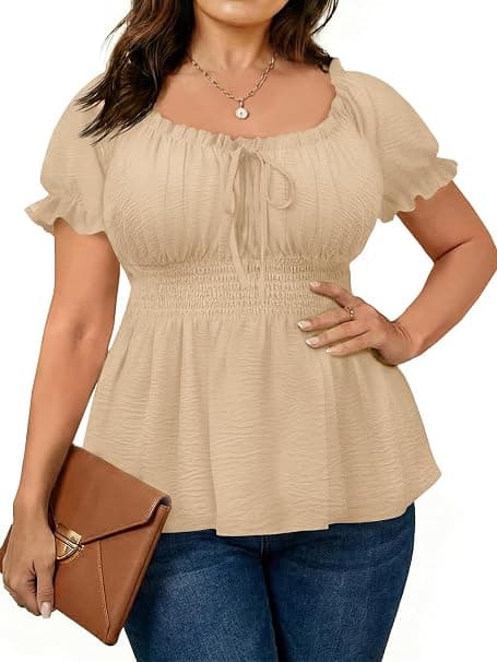Apricot plus-size square-neck puff-sleeve top