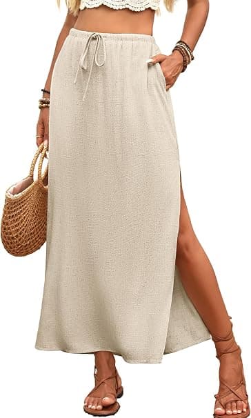 ELLEVEN beige linen-blend side-slit maxi skirt