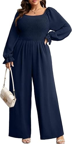 Navy-blue plus-size long-sleeve jumpsuit