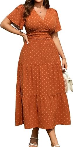 Burnt-orange plus-size wrap midi dress