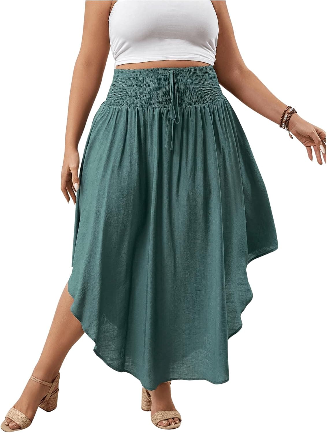Teal-blue plus-size A-line midi skirt