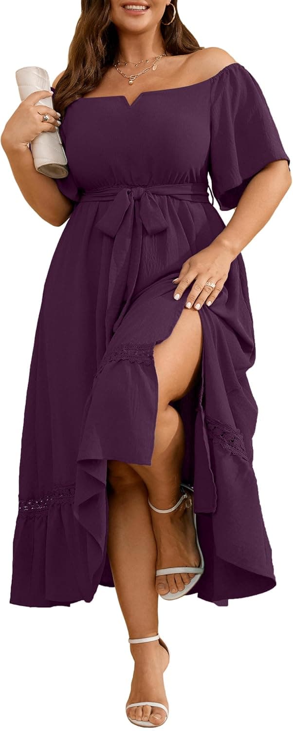 Purple plus-size off-shoulder dress