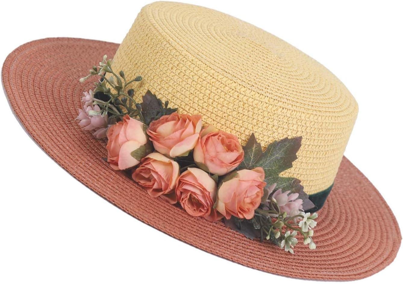 Orange-red straw flower wide-brim hat