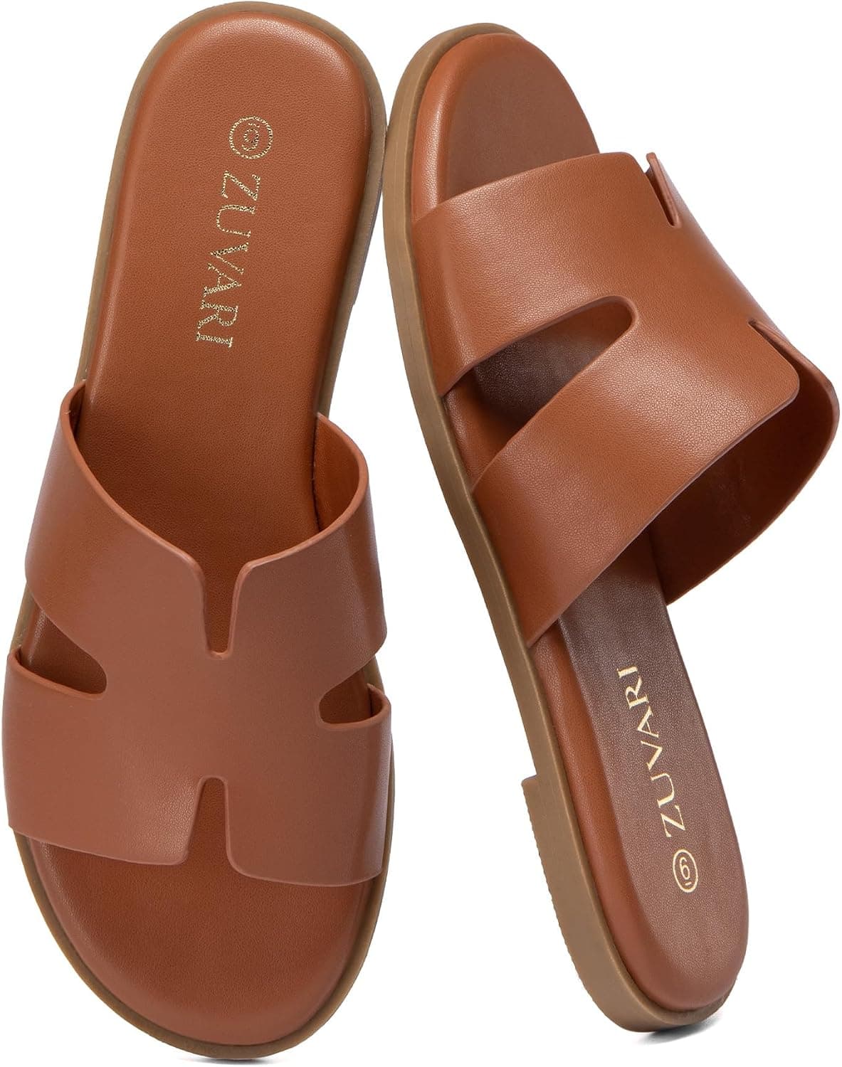 Brown flat leather slide sandals
