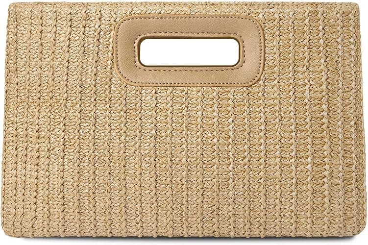 Woven straw clutch with gold chain