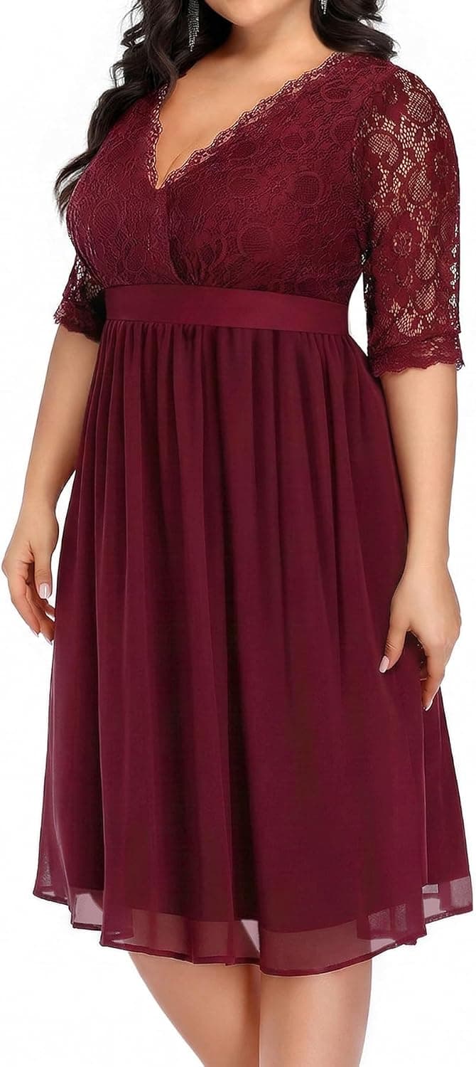 Burgundy plus-size chiffon wrap midi dress
