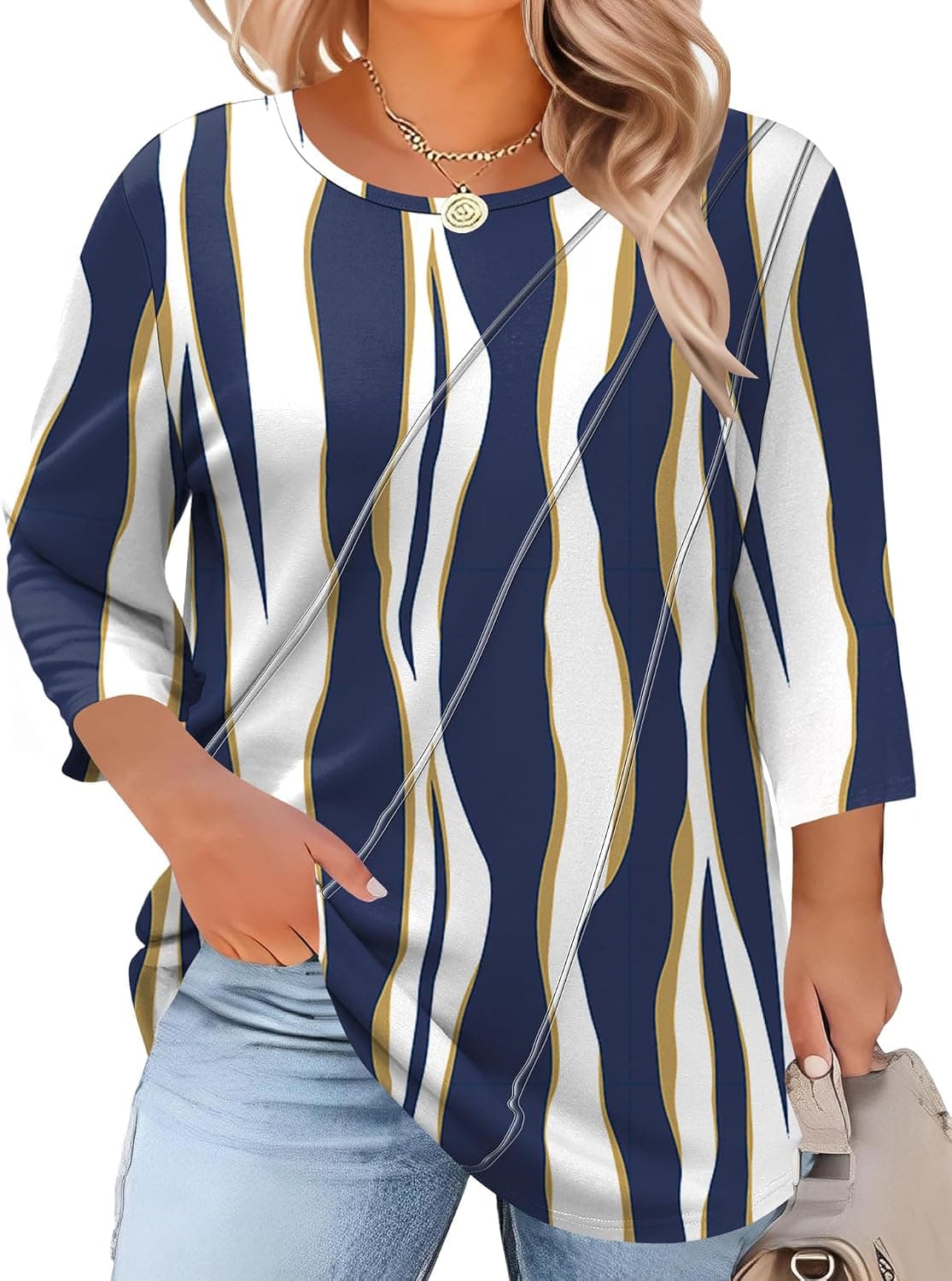 Navy-and-white striped plus-size 3/4-sleeve top