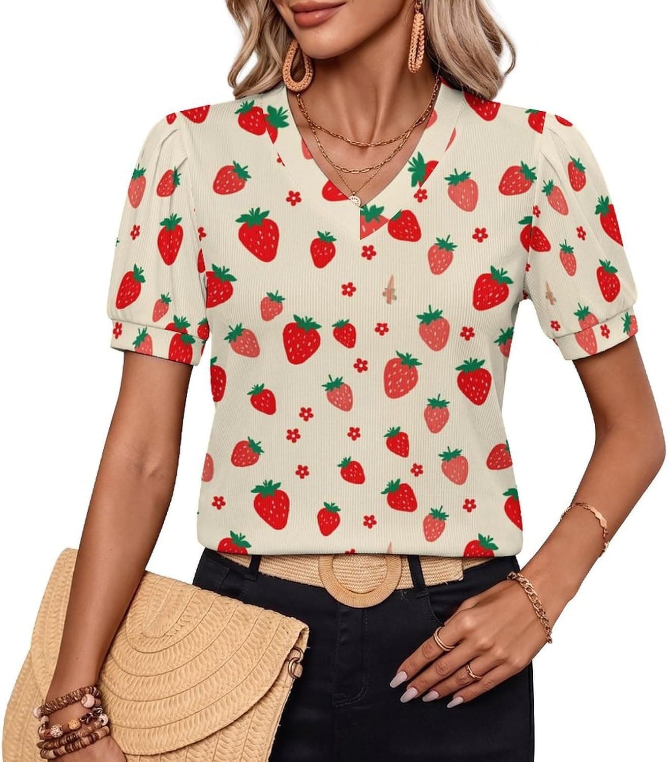 Cream strawberry-print puff-sleeve top