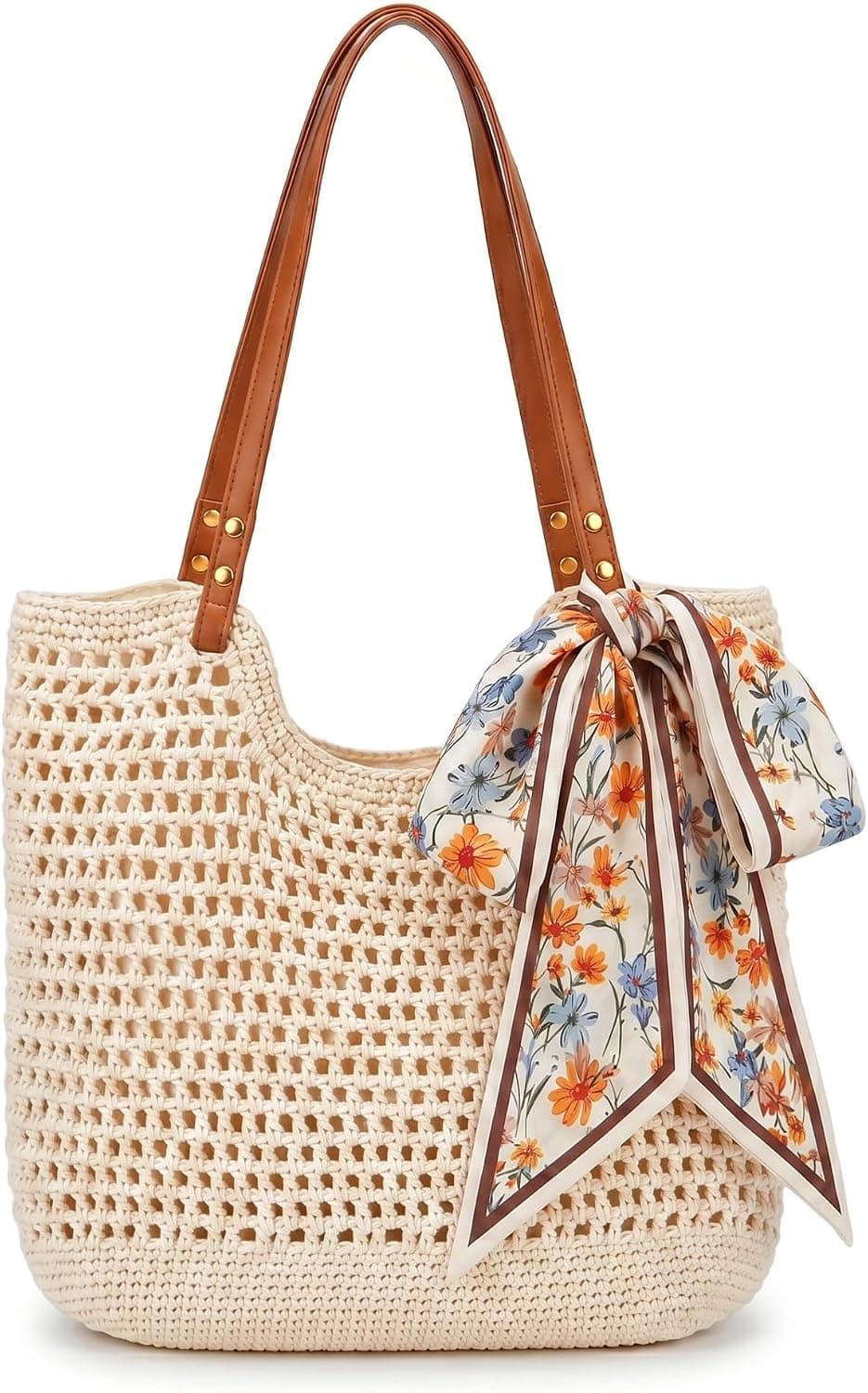 Cream-beige crochet straw tote