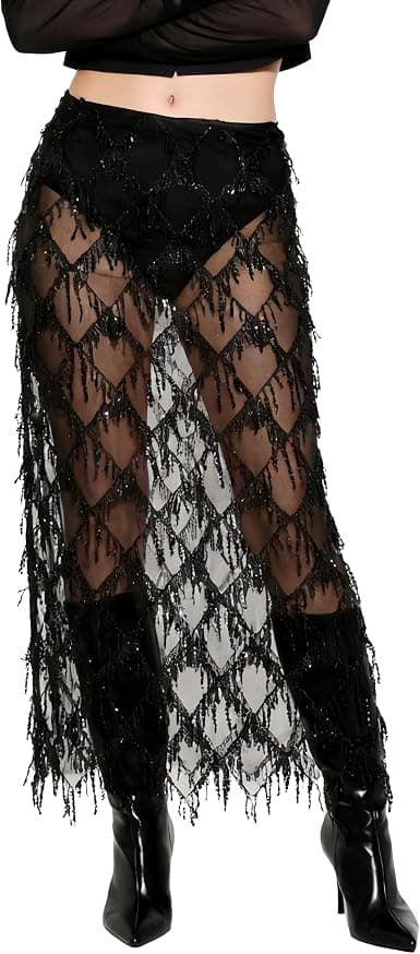 AXX black sequin fringe midi skirt