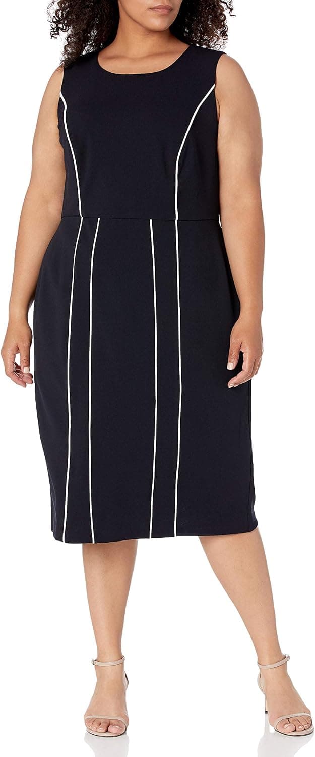 Navy plus-size contrast-piping sheath dress