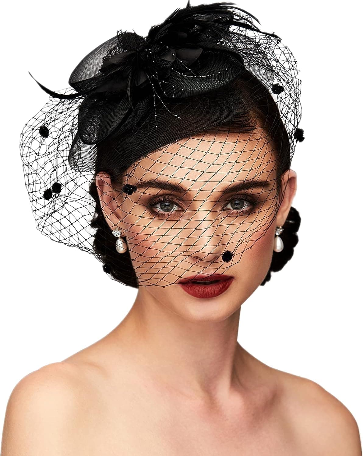 Black lace-and-feather fascinator