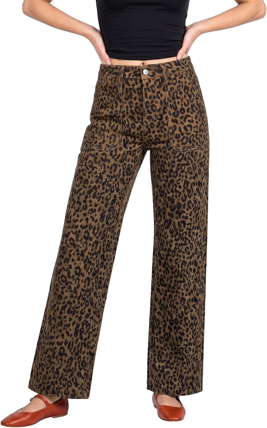 Brown leopard-print wide-leg jeans