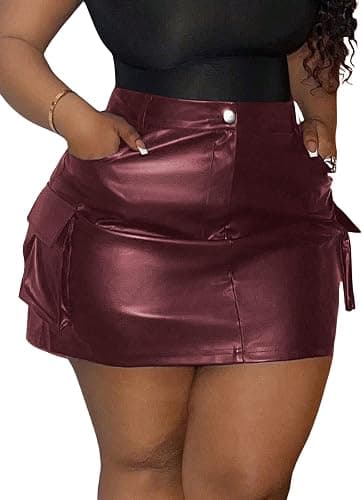 WDIRARA burgundy plus-size PU leather mini skirt