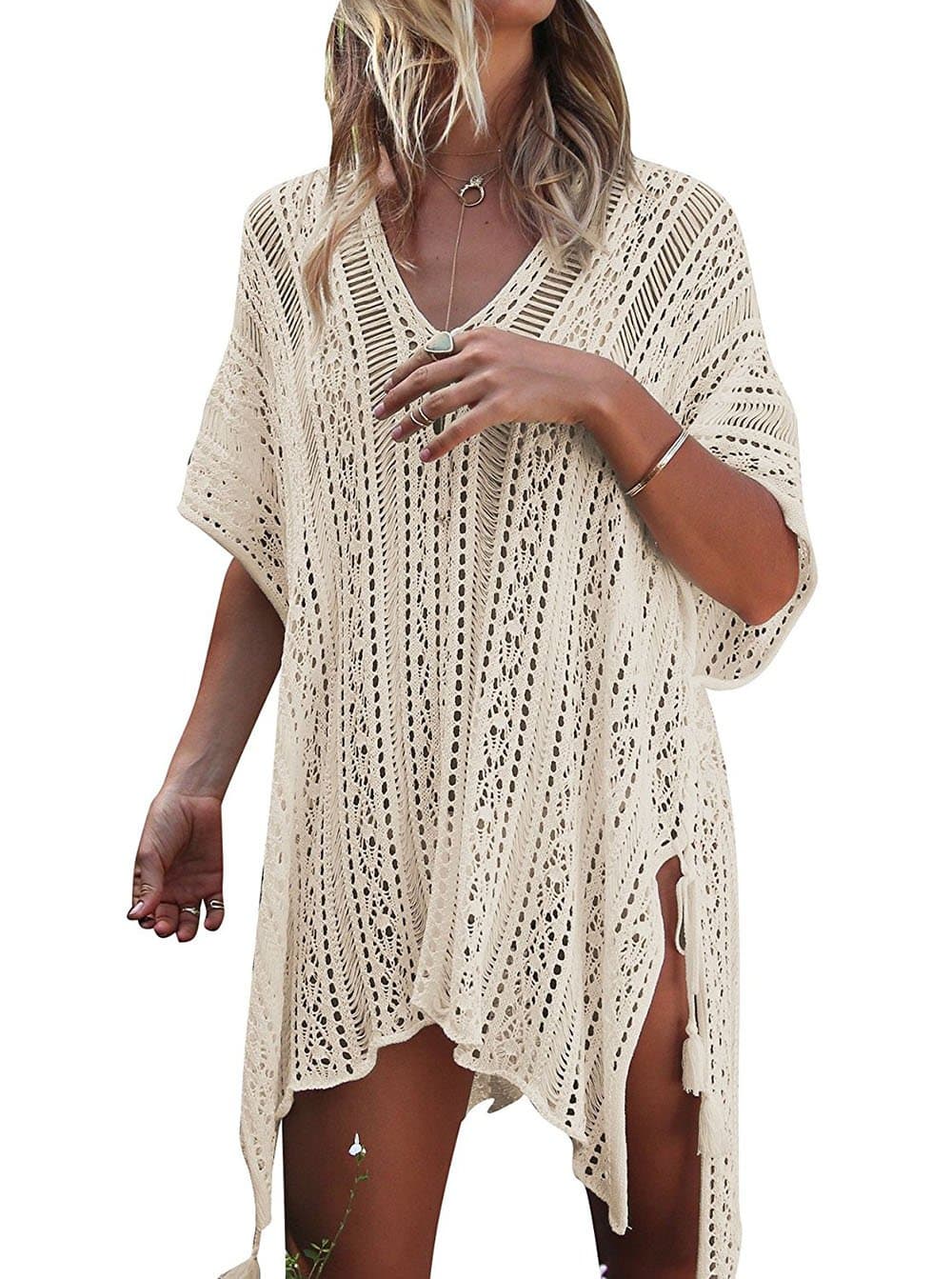 Beige plus-size crochet kimono cover-up