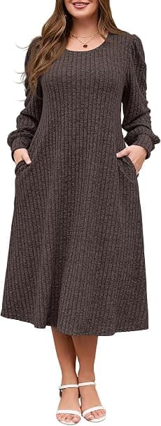Plus-size brown ribbed midi sweater dress