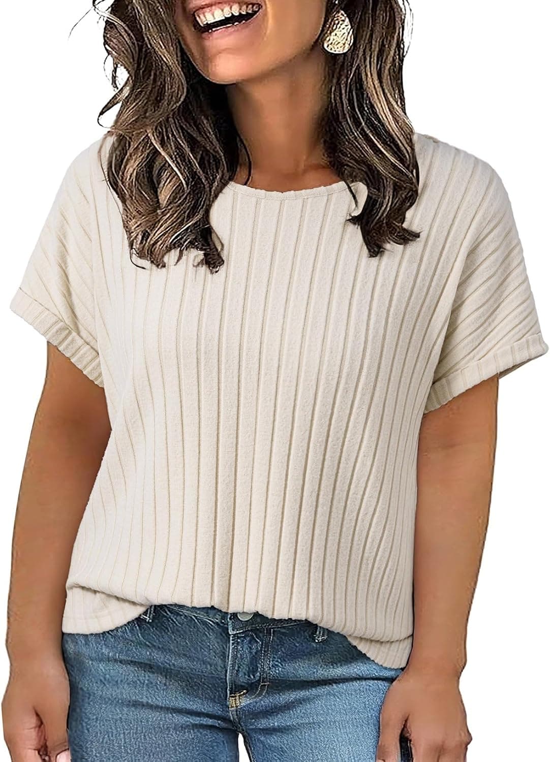 Beige plus-size ribbed knit sweater