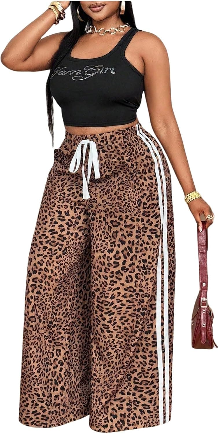 Brown plus-size wide-leg leopard pants