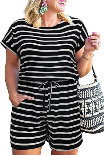 Dark striped plus-size romper