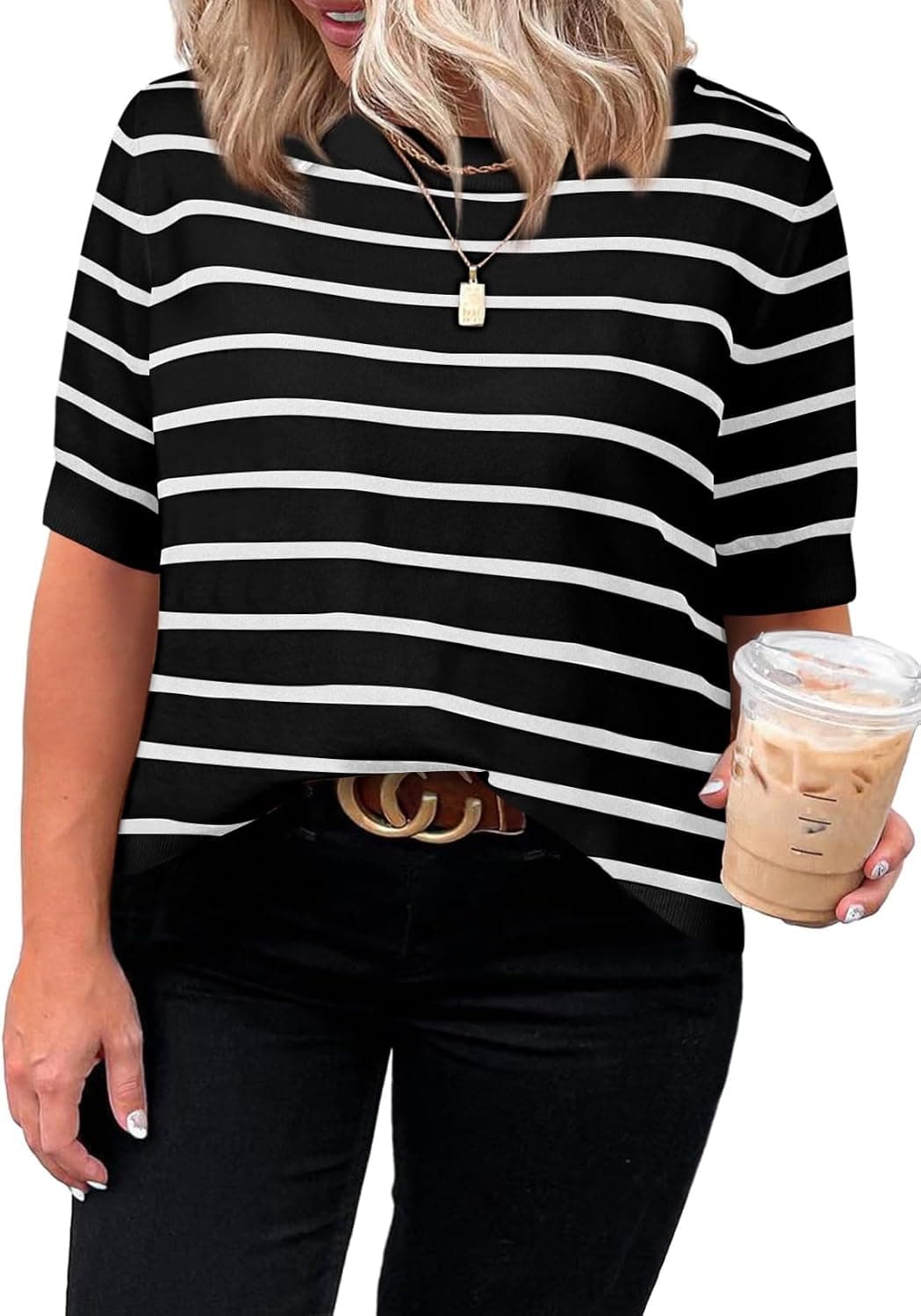 White-and-navy striped plus-size short-sleeve top