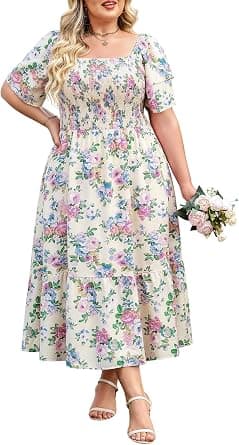 Younrui plus-size cream floral square-neck midi dress