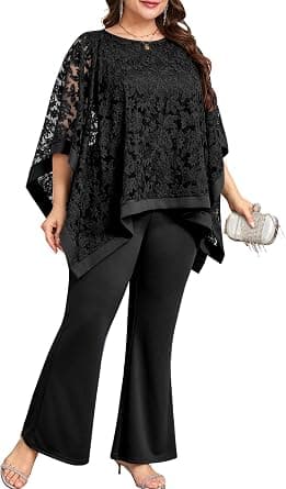 Plus-size black embroidered lace cape pantsuit