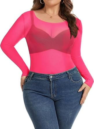 Neon-pink plus-size sheer mesh top