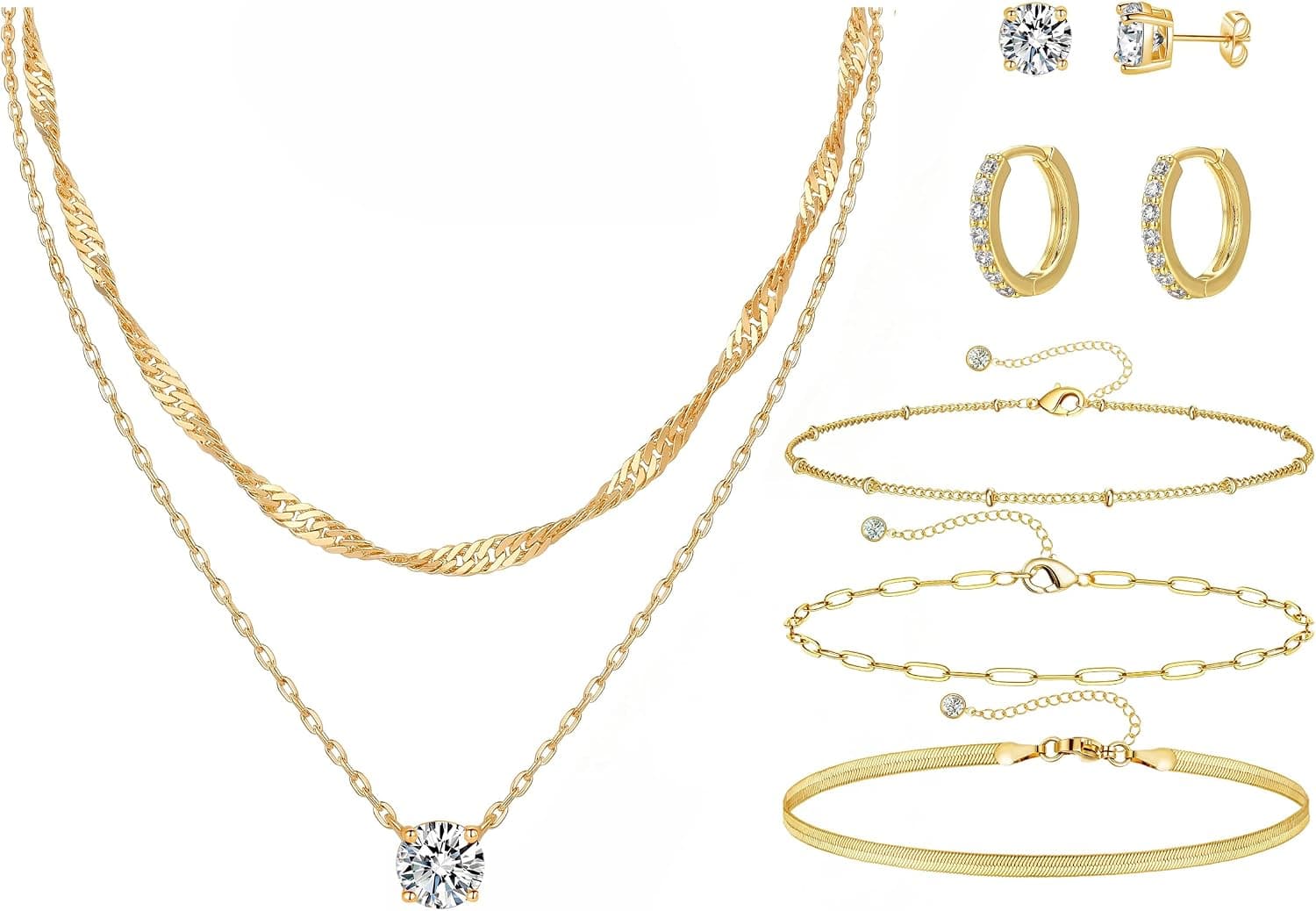 Gold hoop, stud, and bracelet jewelry set