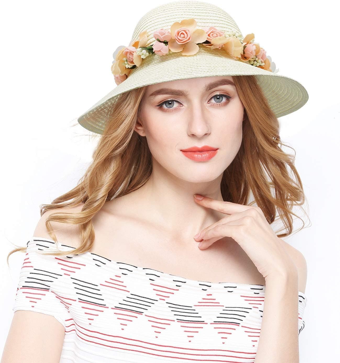 White flower-and-ribbon wide-brim straw hat