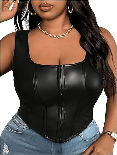 Floerns black plus-size faux-leather corset top