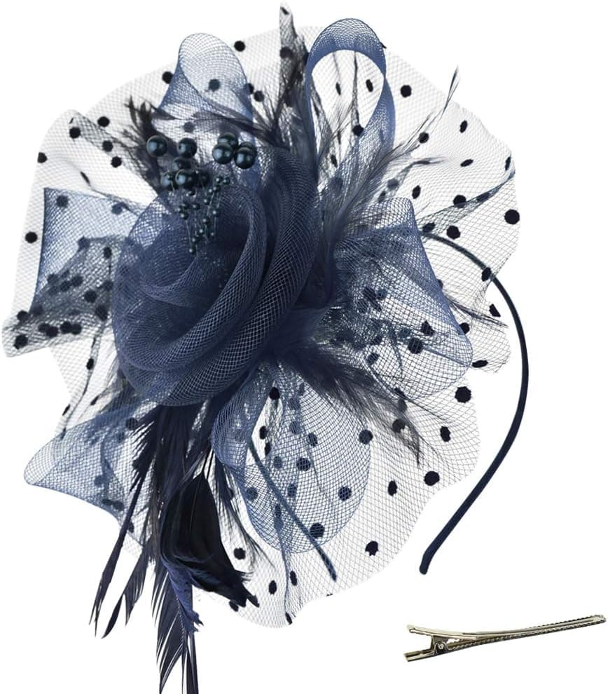 Navy mesh-ribbon feather fascinator
