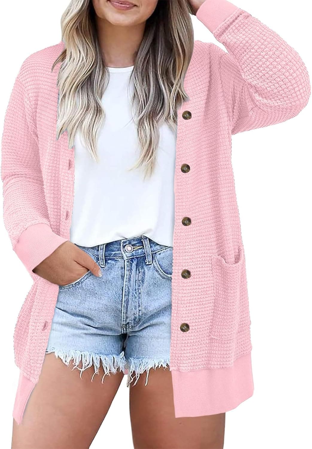 Light-pink plus-size waffle-knit cardigan