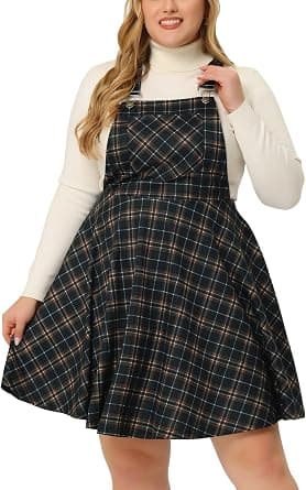 Agnes Orinda plus-size black plaid pinafore dress