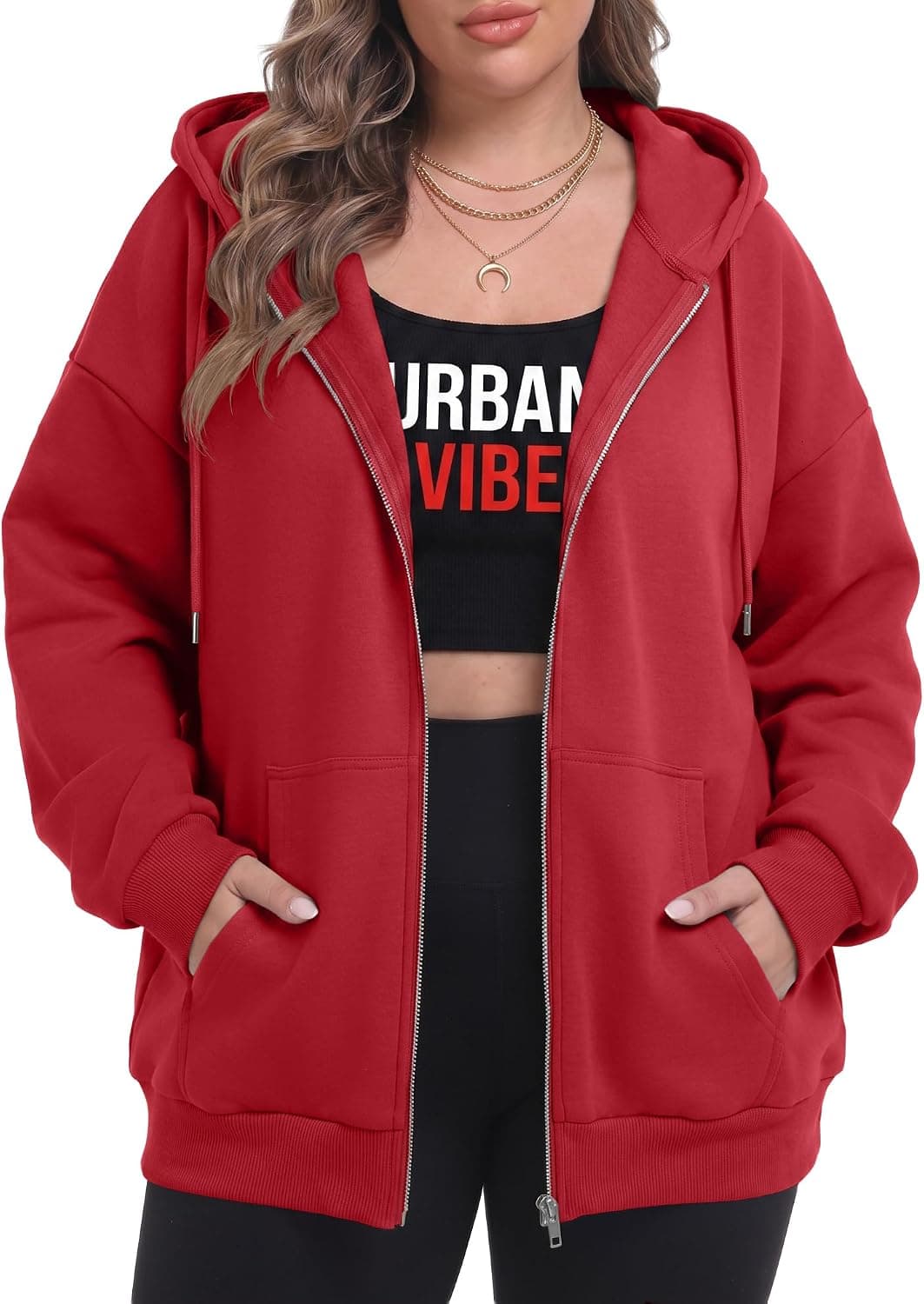 Hot-red plus-size zip-up hoodie