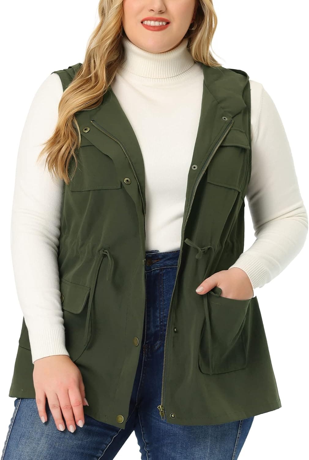 Army-green plus-size utility vest