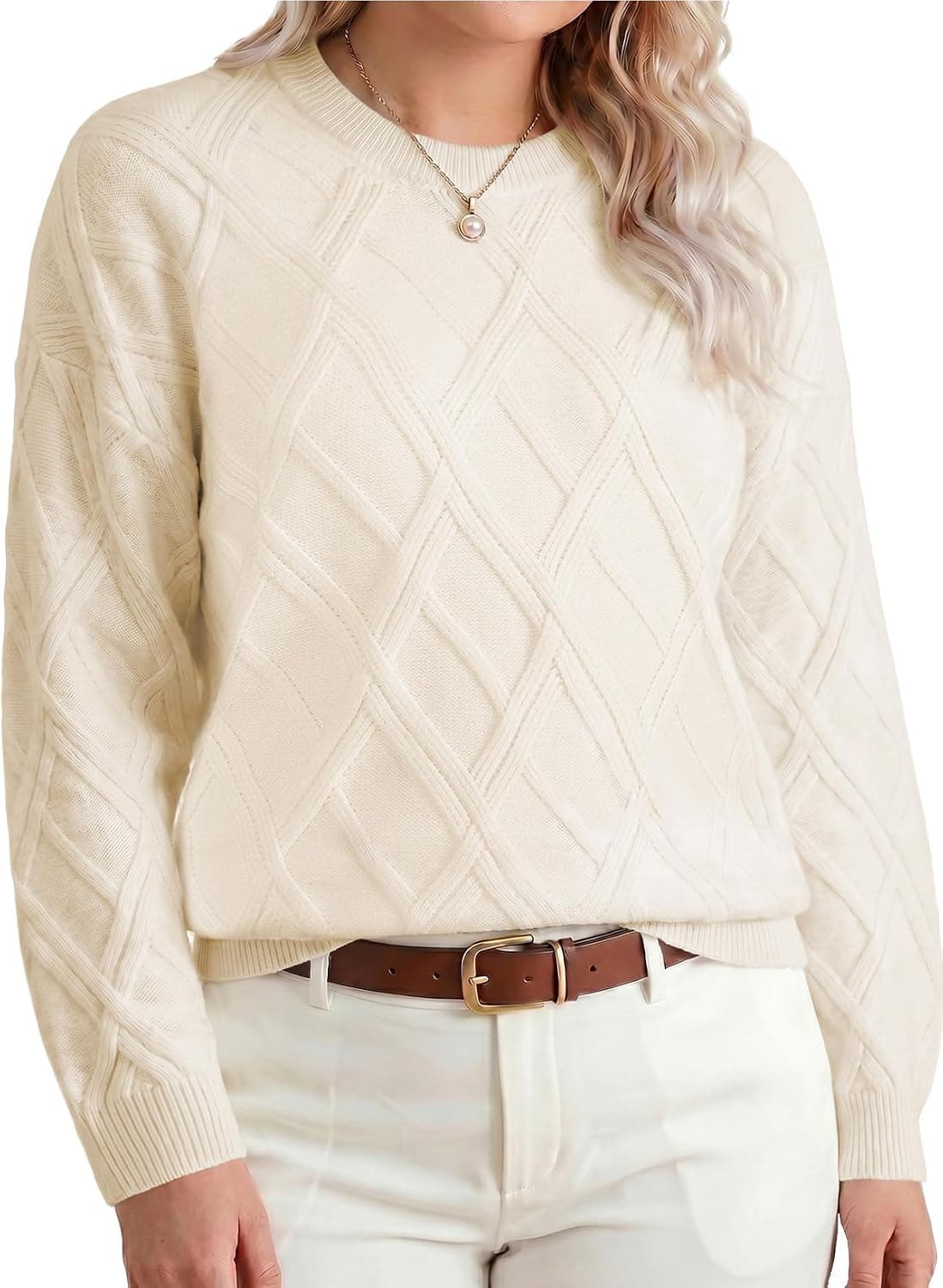 Beige plus-size cable-knit sweater