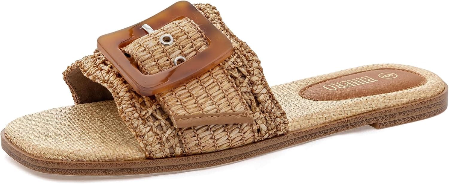 Brown raffia flat slide sandals