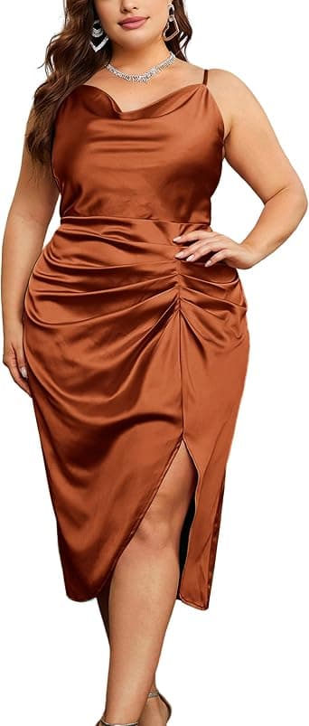 KIMCURVY plus-size brown satin cowl-neck midi dress