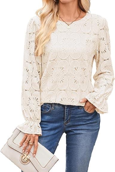 Beige plus-size lace puff-sleeve blouse