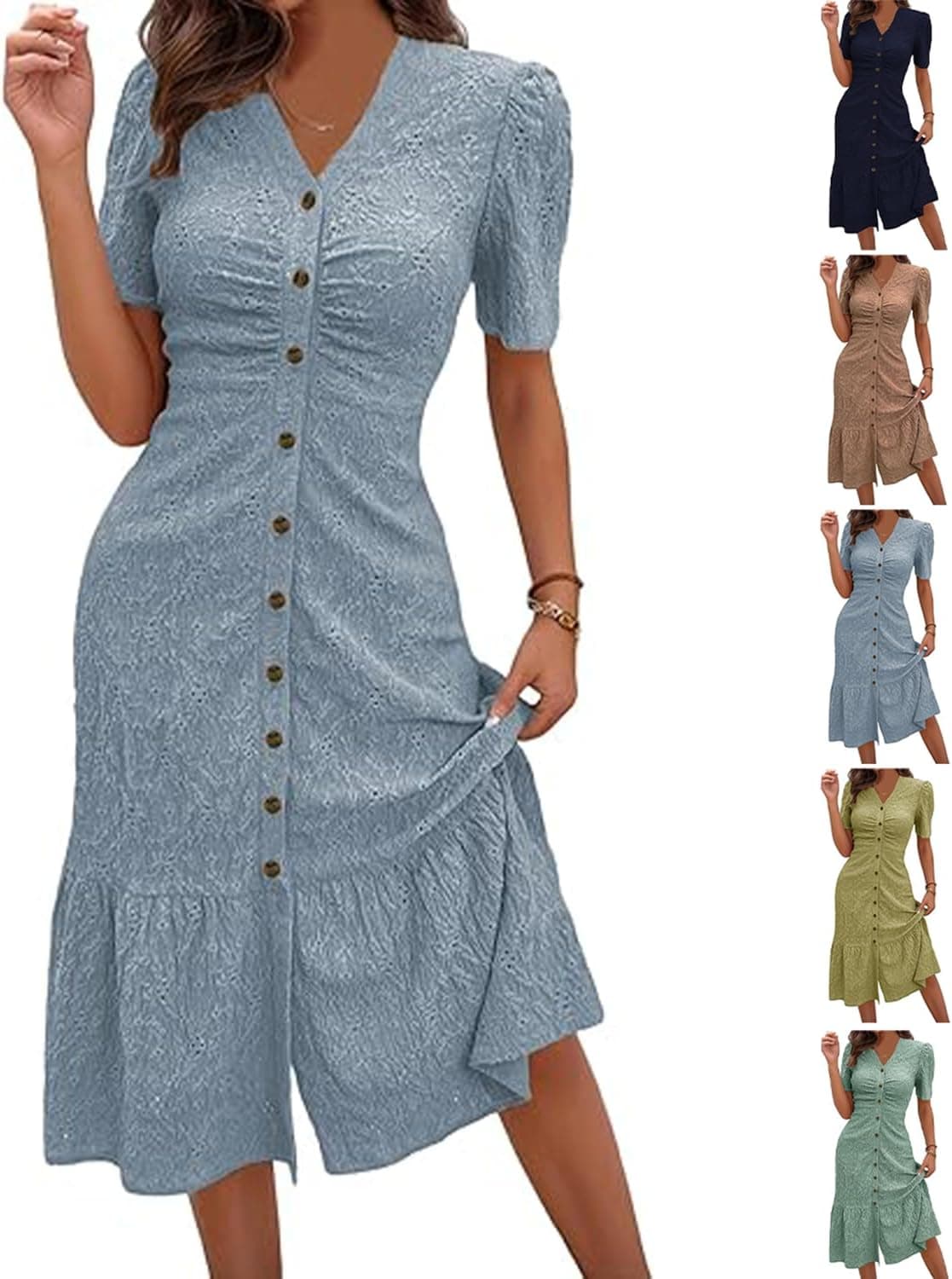 Sky-blue plus-size eyelet midi dress