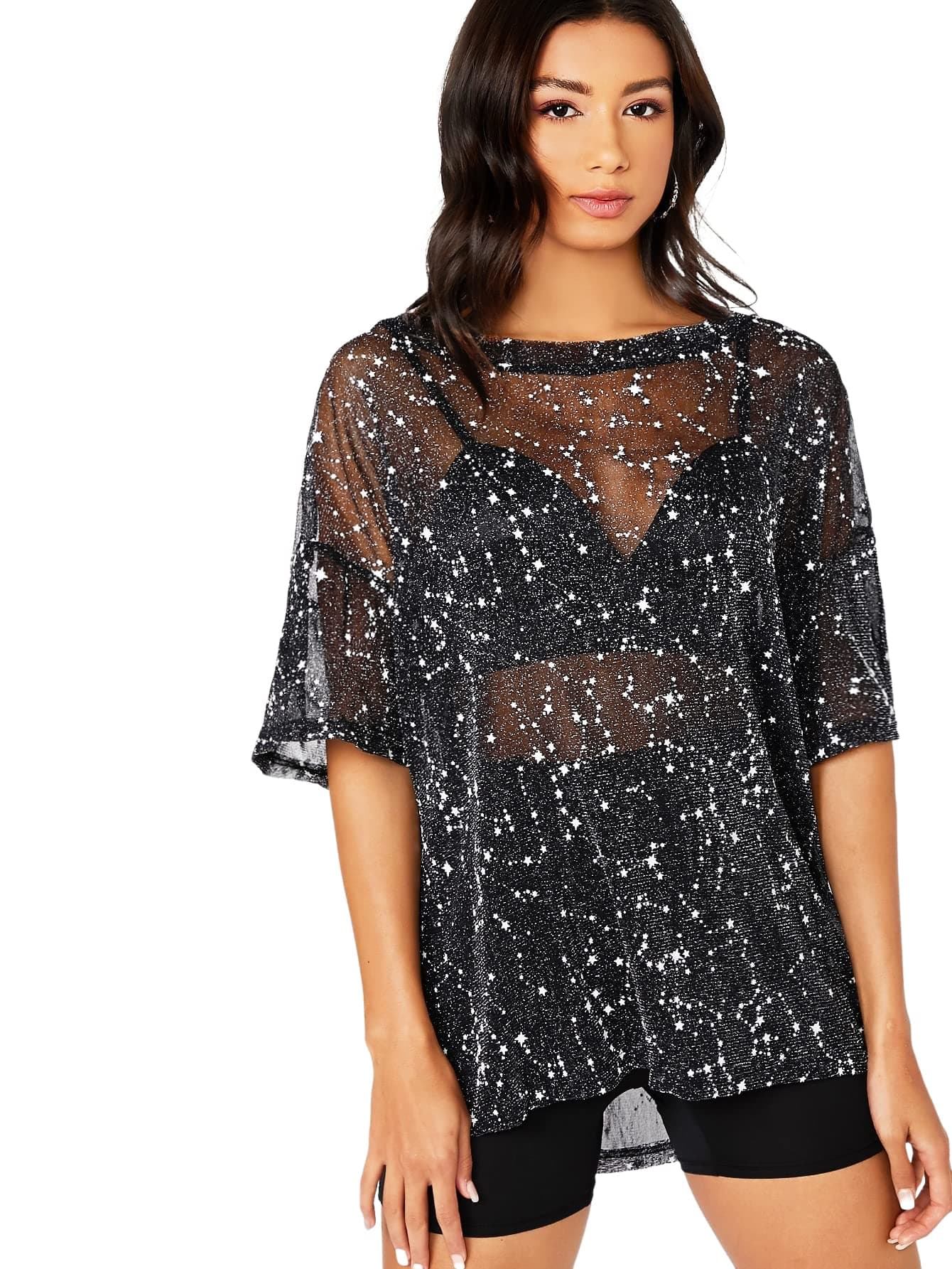 Plus-size galaxy-print sheer bodysuit top