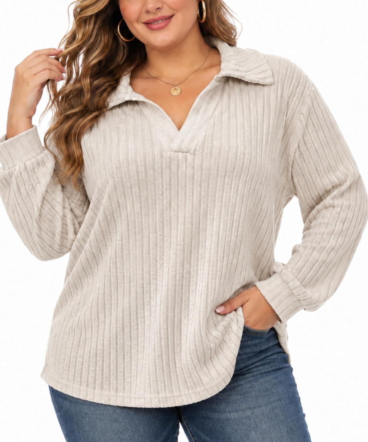 Beige plus-size ribbed polo-collar knit top