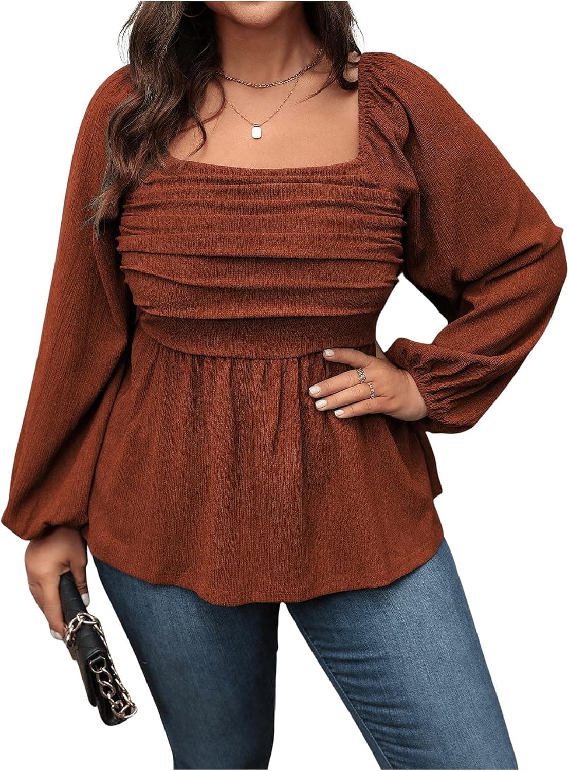 Rust-brown plus-size square-neck puff-sleeve top