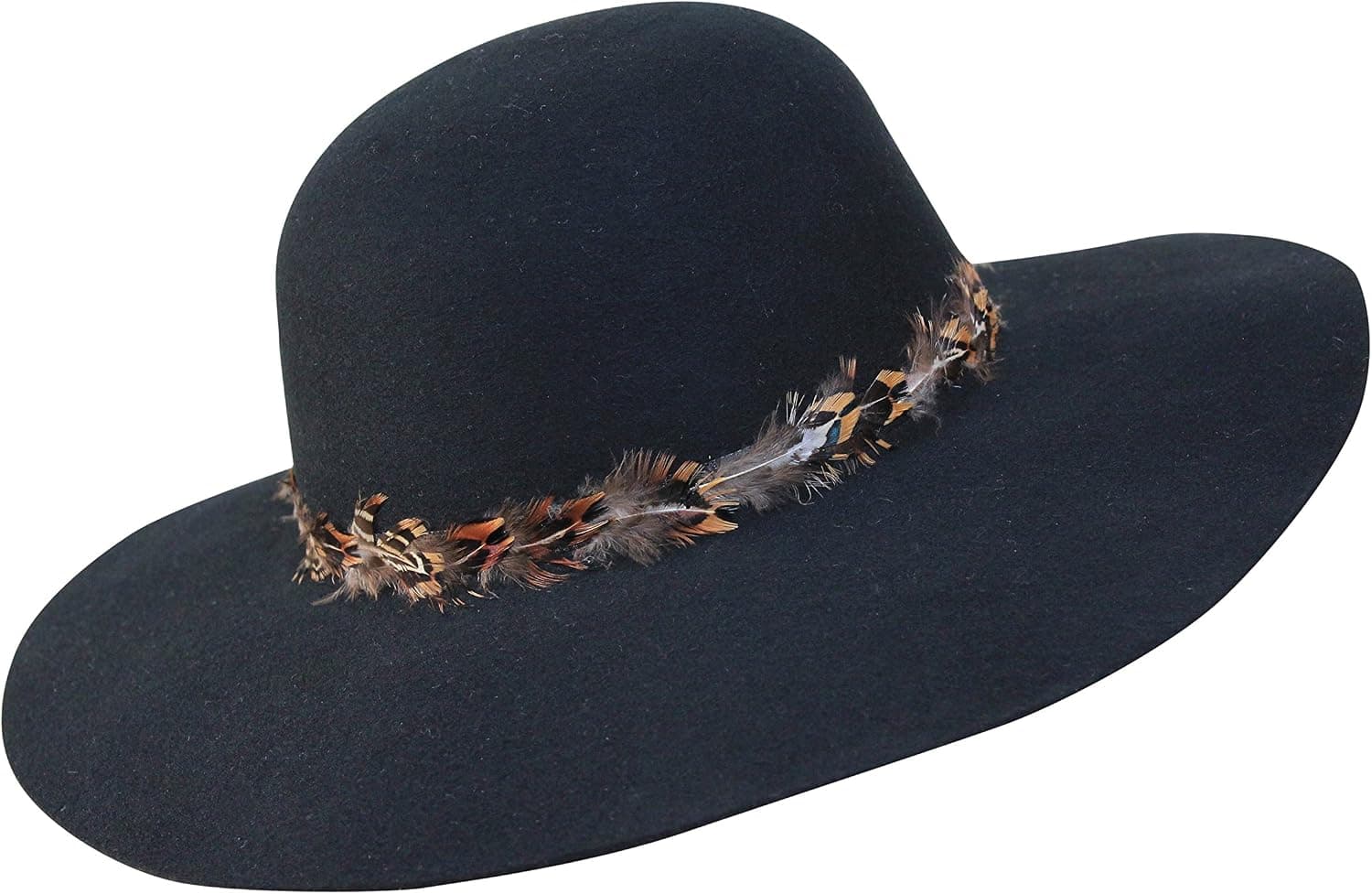 Black 100% wool felt feather-trim hat