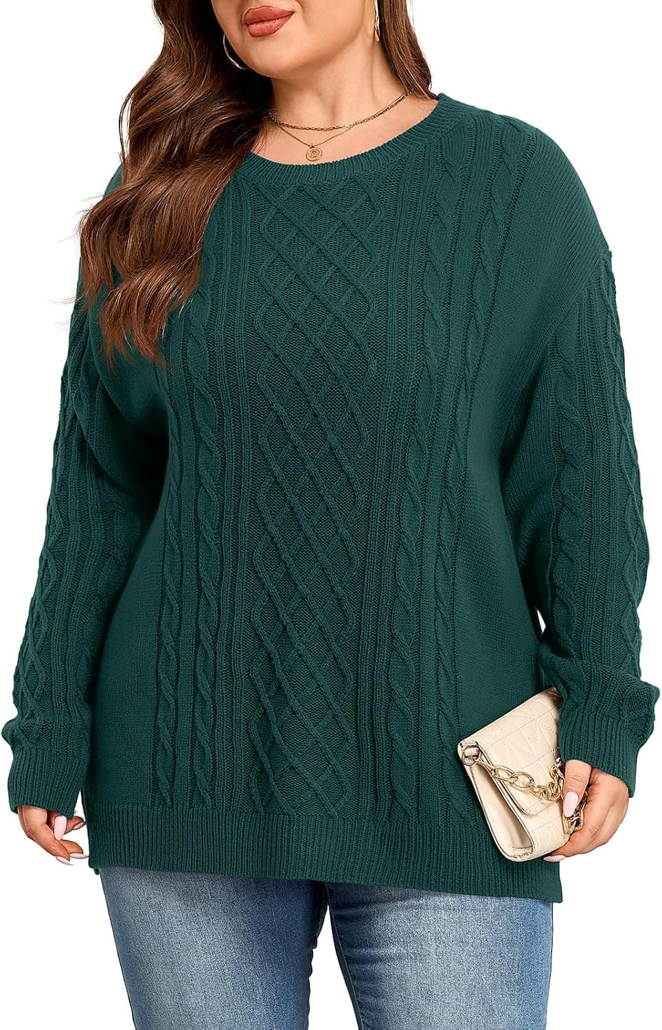 Dark-green plus-size cable-knit sweater