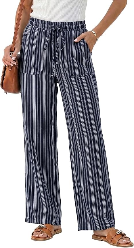 GRAPENT navy-blue striped linen-blend wide-leg pants